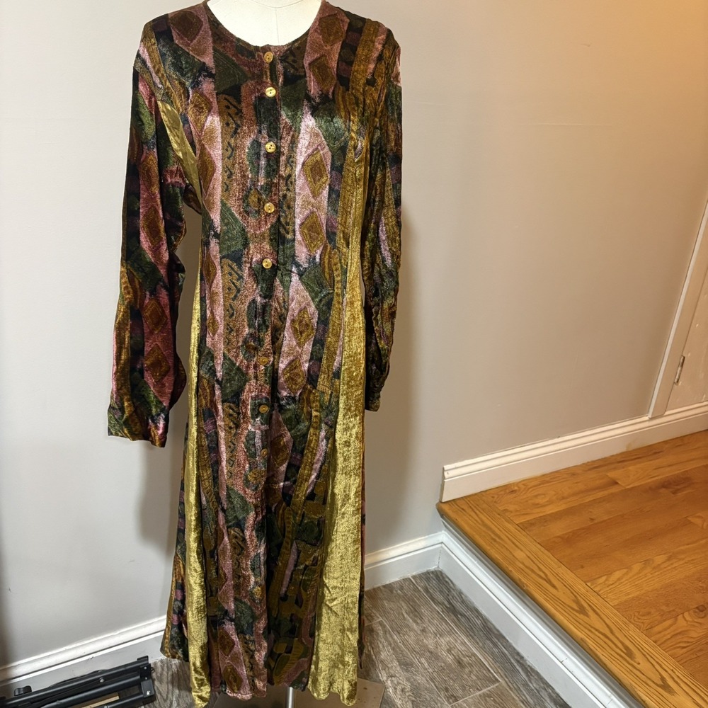 VTG Encounter Velour Long Sleeve Button Down Dress Witchy Boho Fairy Sz M/L